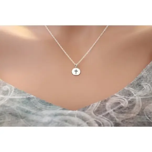 Sterling Silver Cross Charm on a Disk Necklace